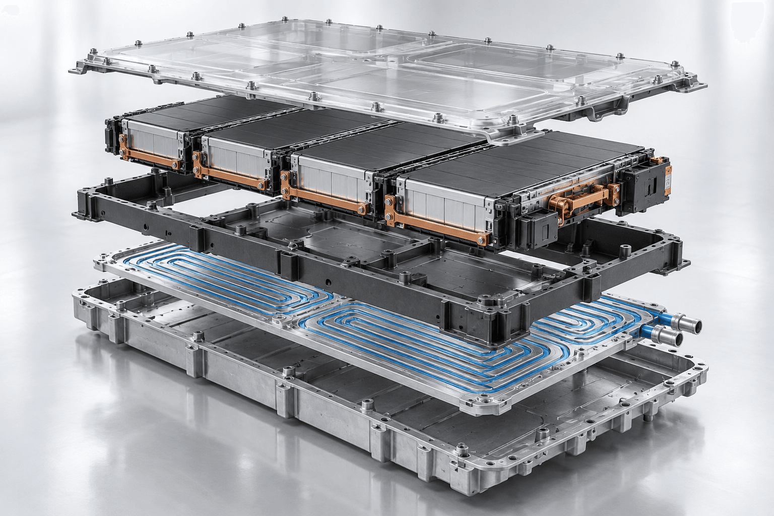 Illustrative exploded battery thermal management assembly; not simulation output.
