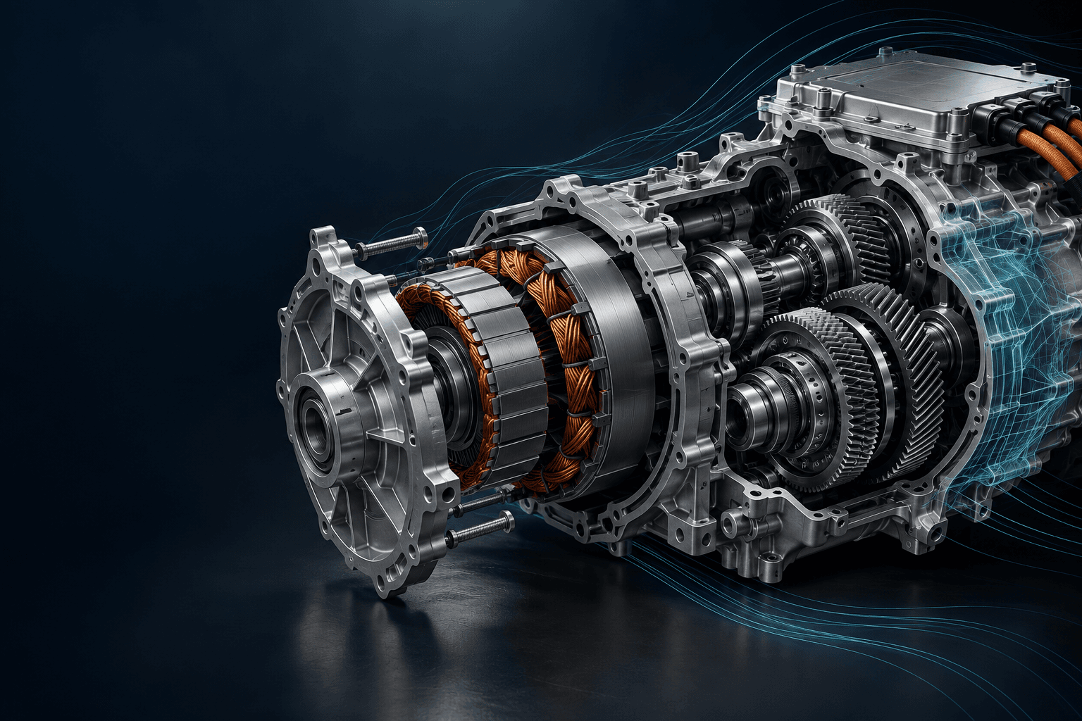 Illustrative electric drive assembly with machined housing, copper windings and conceptual analysis mesh; not simulation results.