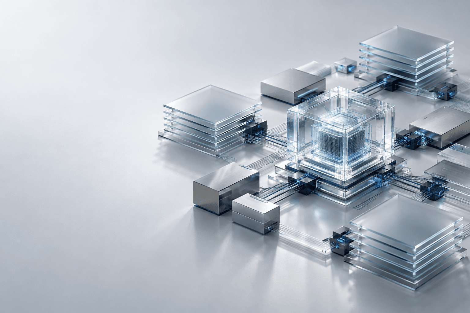 Conceptual enterprise knowledge architecture rendered in glass and brushed metal.