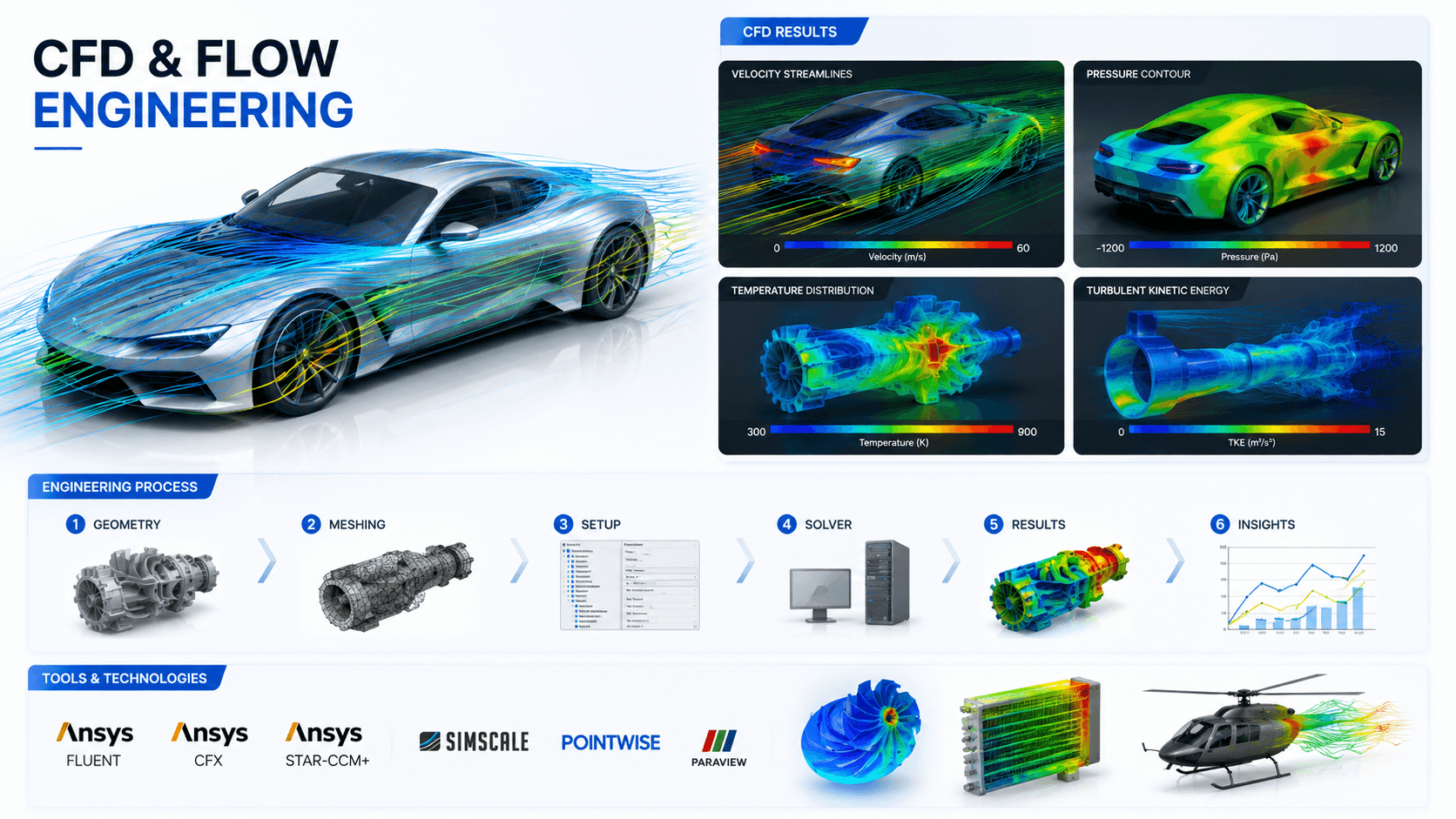 Aerodynamic CFD streamlines and pressure contours around a high-performance vehicle geometry