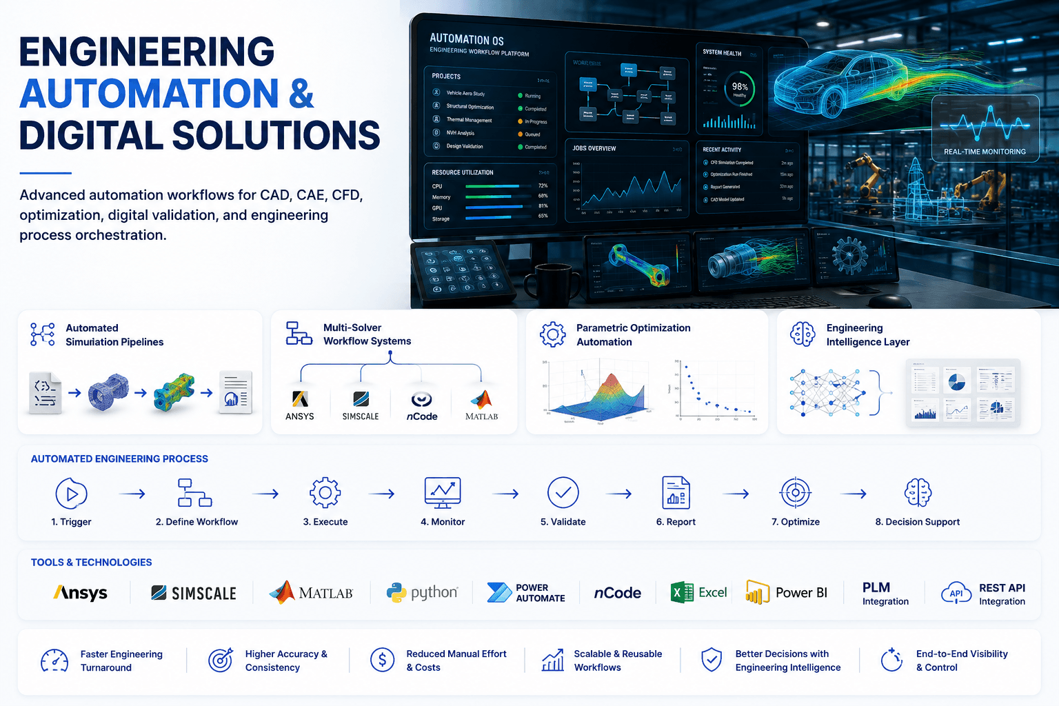 Industrial engineering automation dashboard with digital CAE workflow orchestration